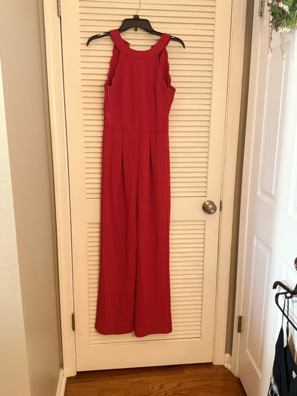 Francesca's Collections Red Scallop Halter Wide-Leg Jumpsuit